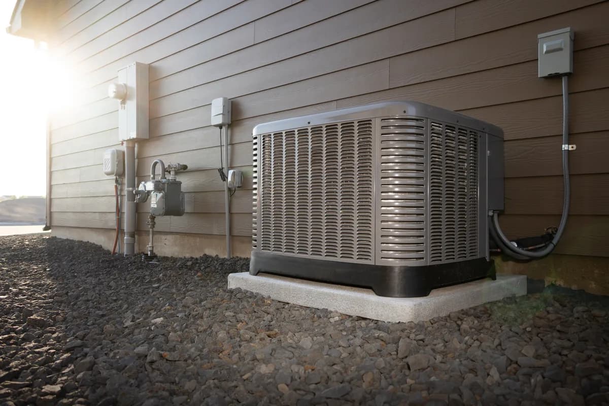 Central air conditioner condenser unit beside a Canadian home in summer