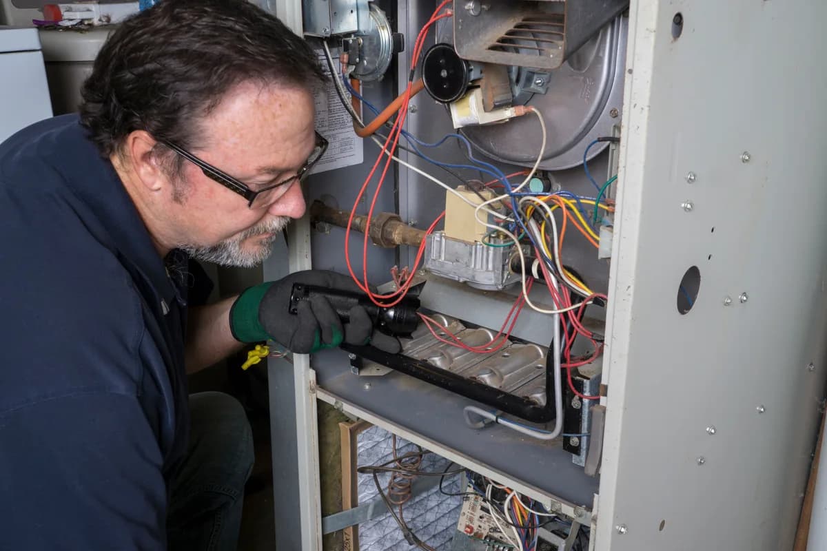 HVAC technician repairing a gas furnace in a Toronto home with diagnostic tools