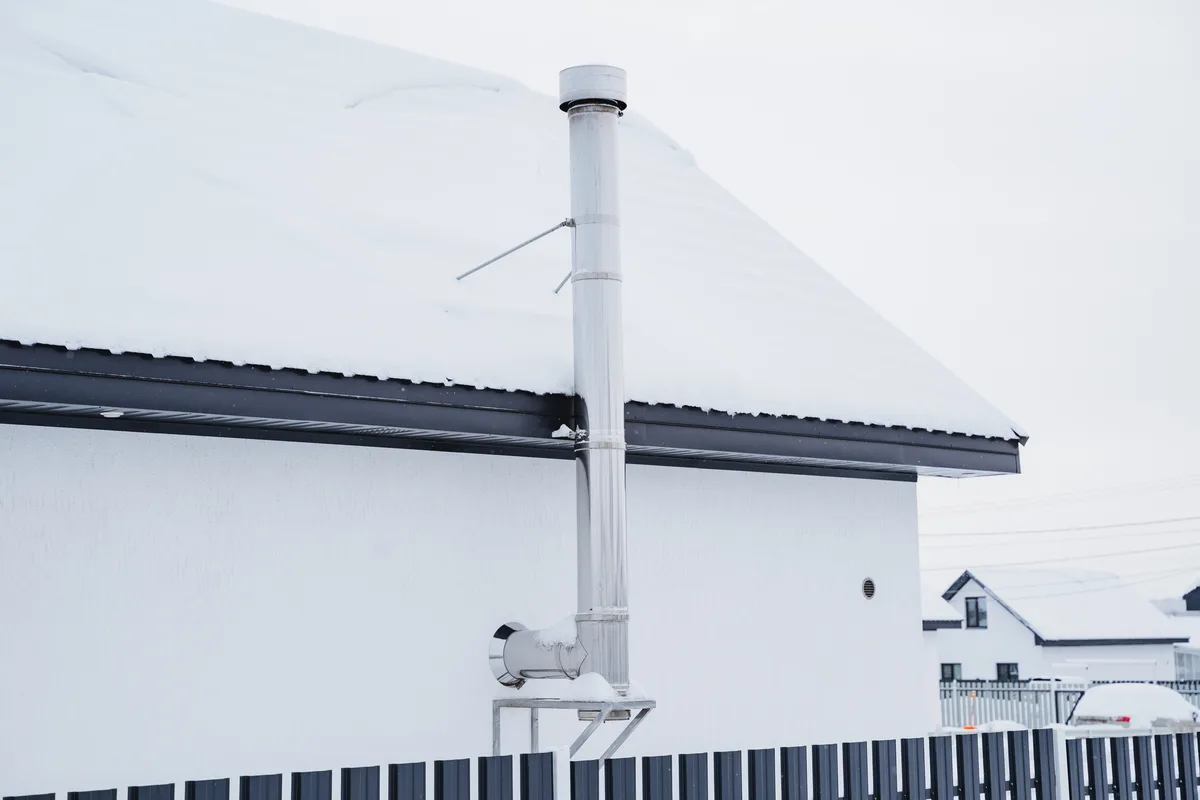 Snow and ice packed around a white PVC furnace exhaust termination on the side wall of a house