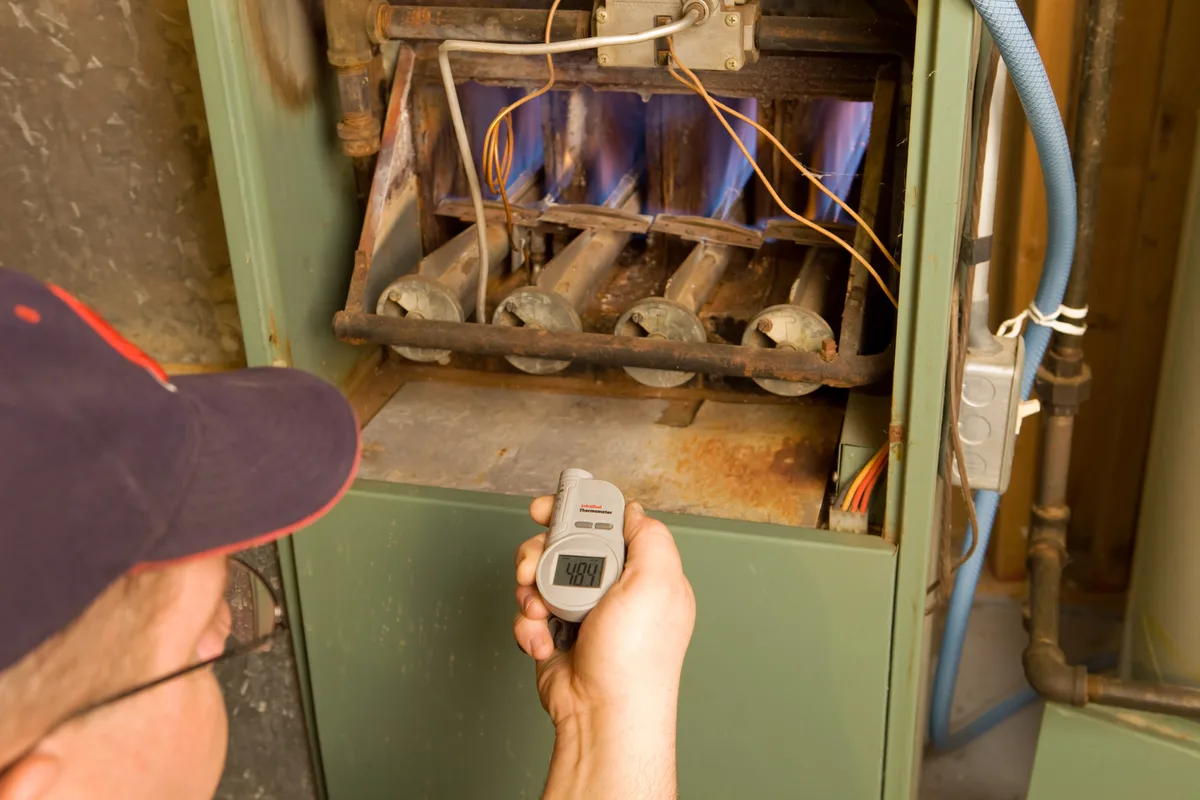 Aging gas furnace in an Ontario home basement next to a newer high-efficiency unit