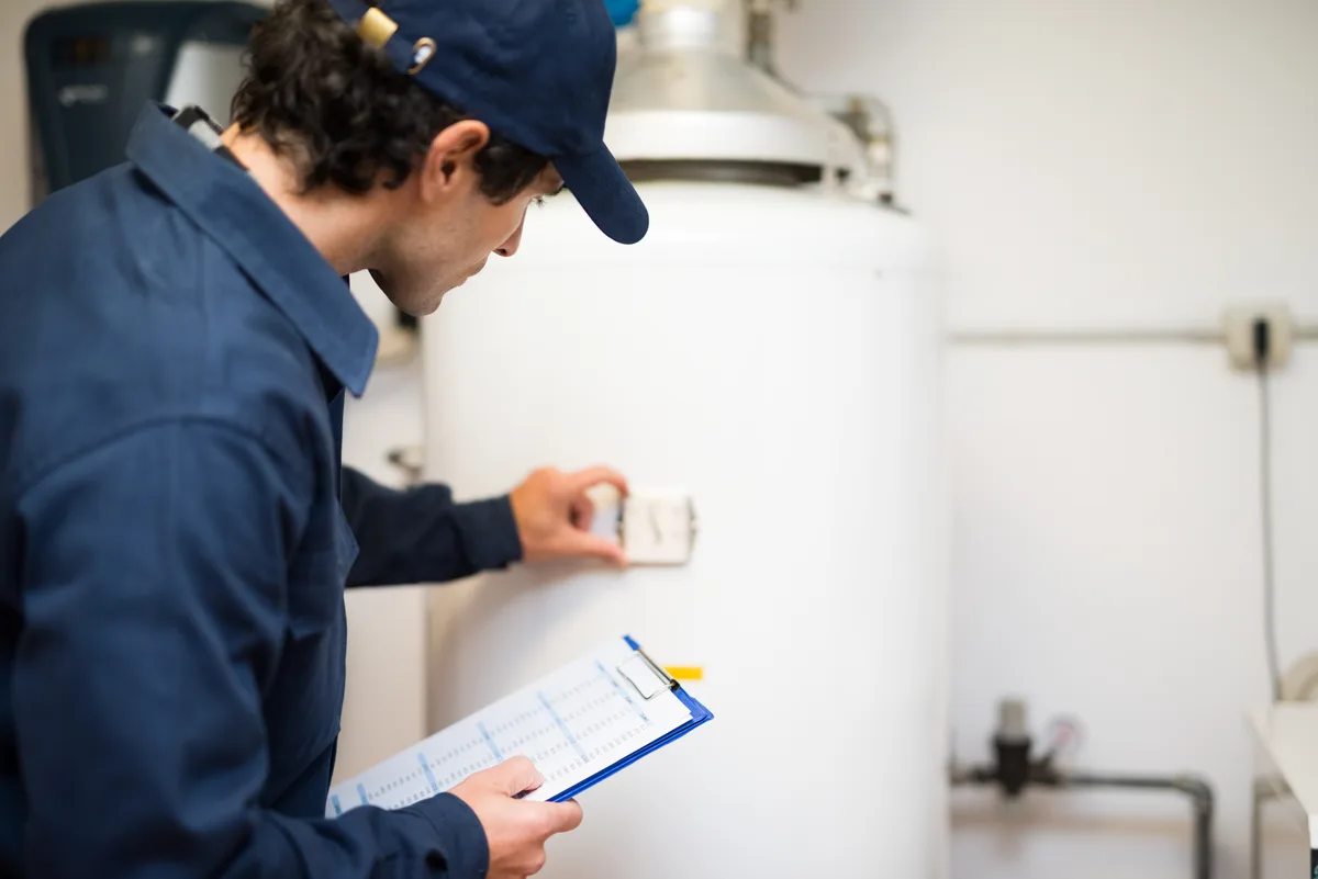 Plumber inspecting a residential tank water heater for wear and corrosion