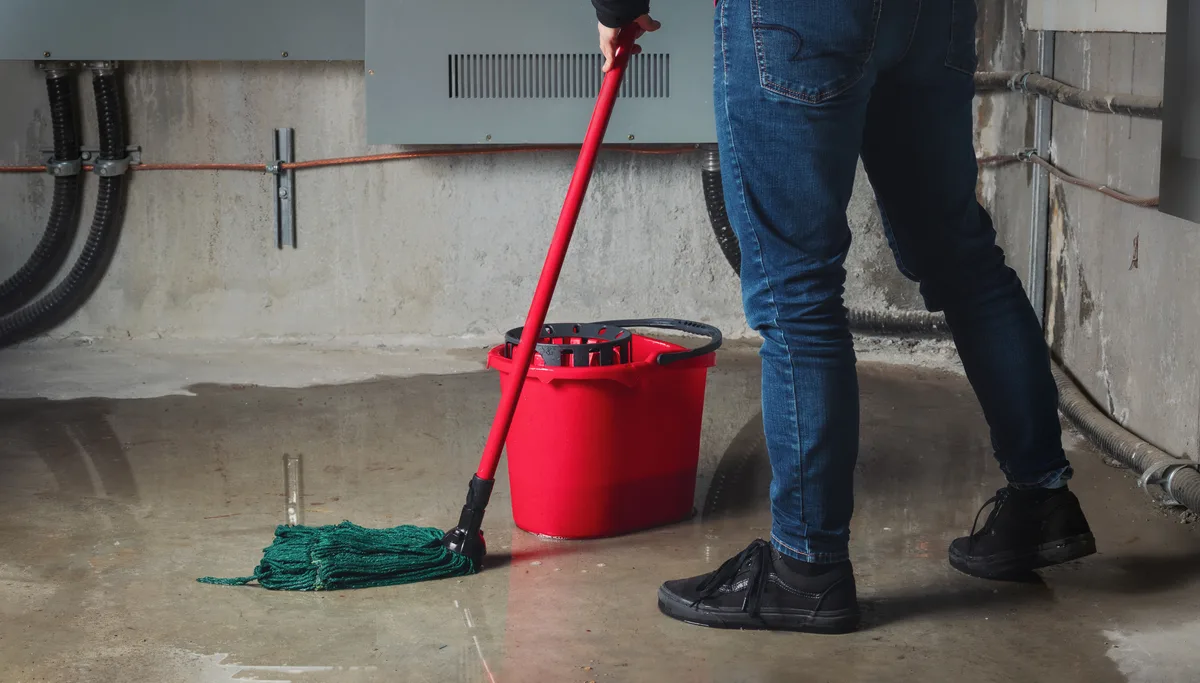 Homeowner mopping up water pooling on a basement floor near the furnace