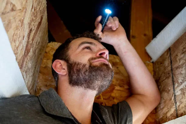 Technician inspecting a Carrier outdoor AC unit with flashlight