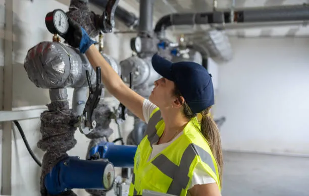 Plumber installing pipe fittings for heating system