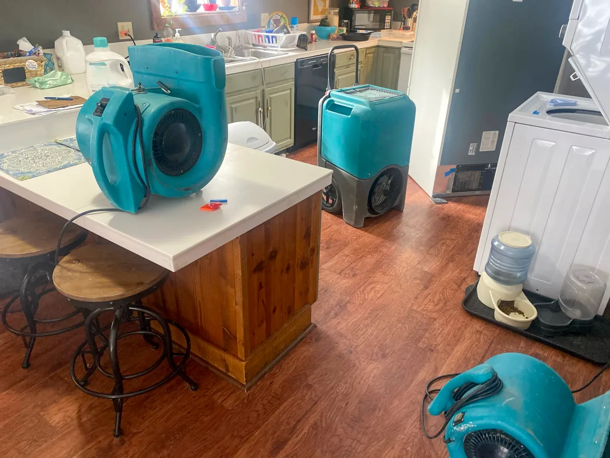 Air movers and a dehumidifier drying a water-damaged room