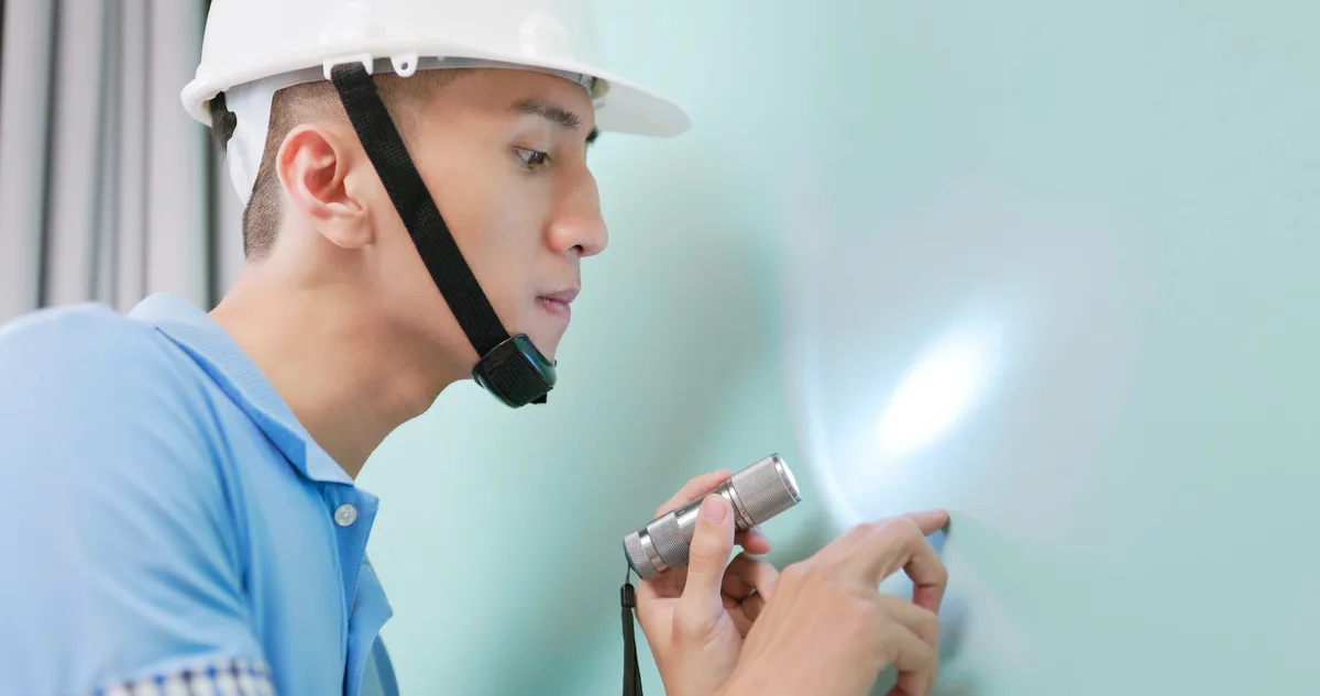 Home inspector using a flashlight