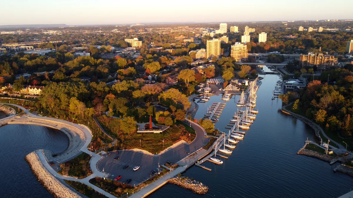 Aerial view of the harbour and marina in Oakville, Ontario