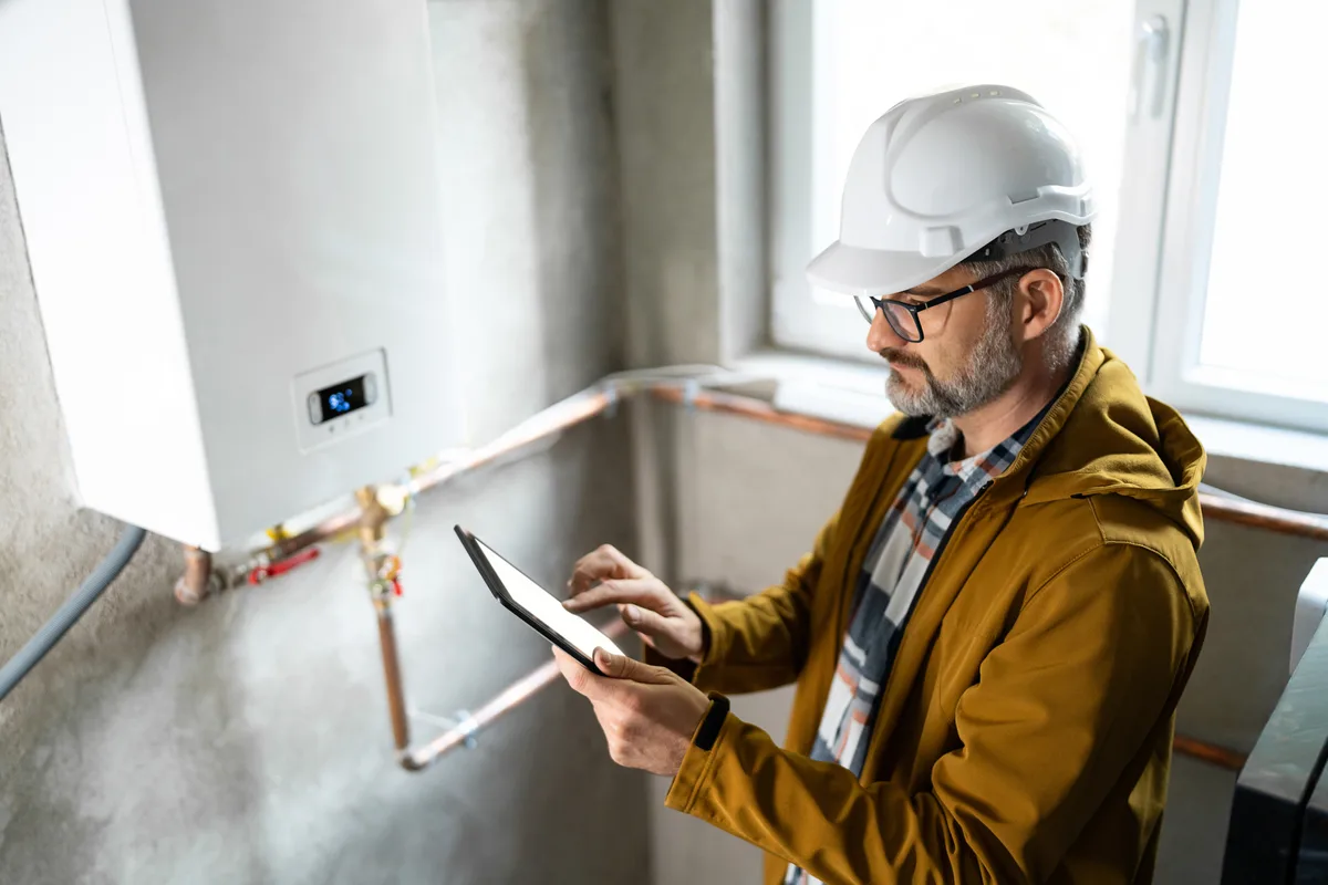 Technician inspecting a gas heating system with a tablet